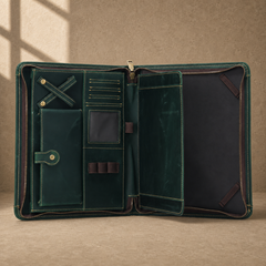 Forest green leather business portfolio empty organizer interior