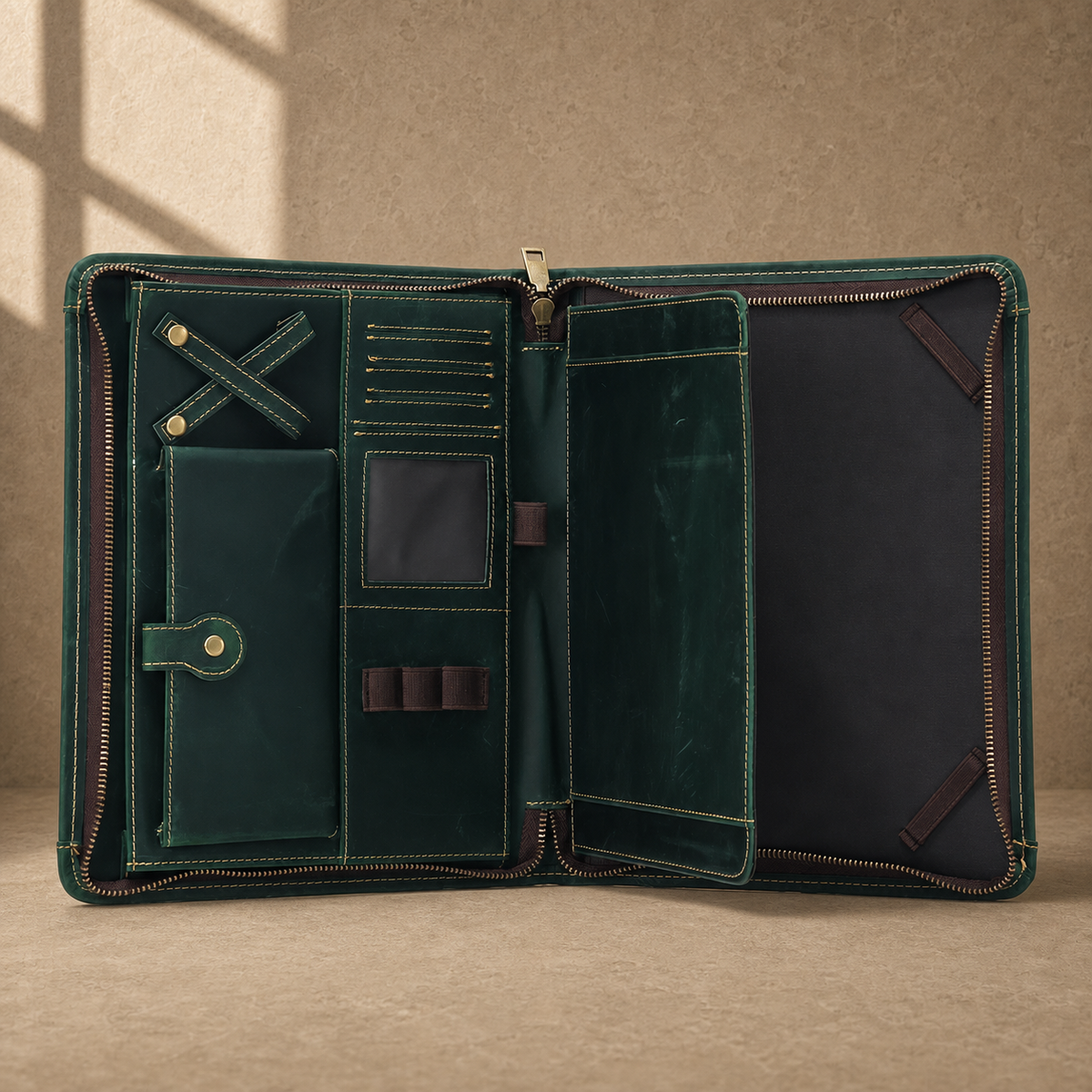 Forest green leather business portfolio empty organizer interior