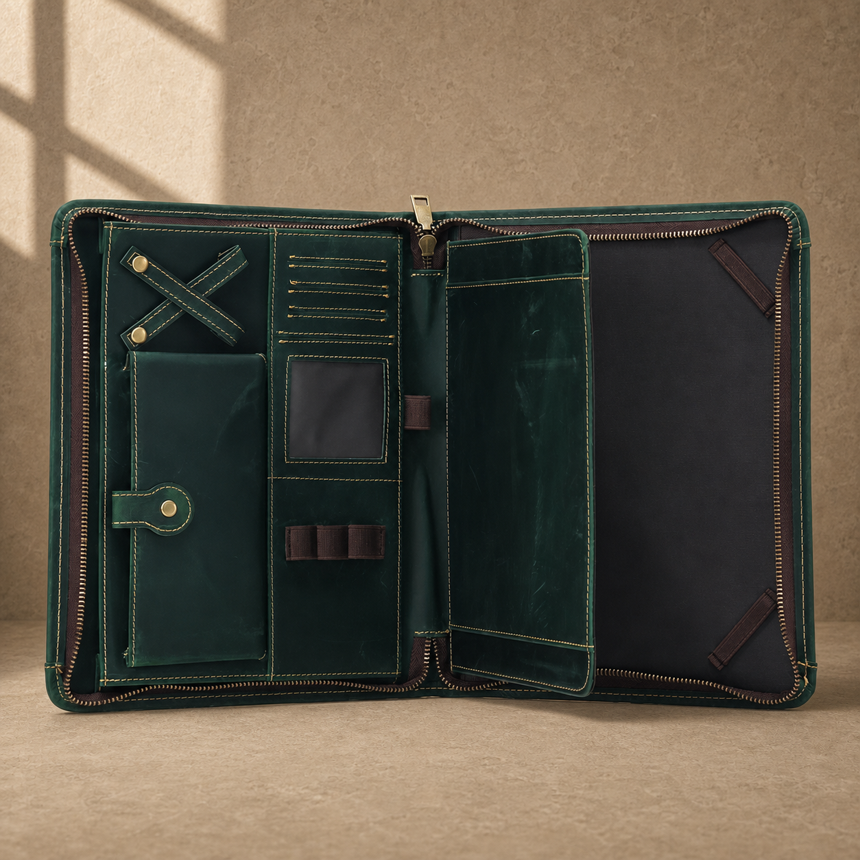 Forest green leather business portfolio empty organizer interior