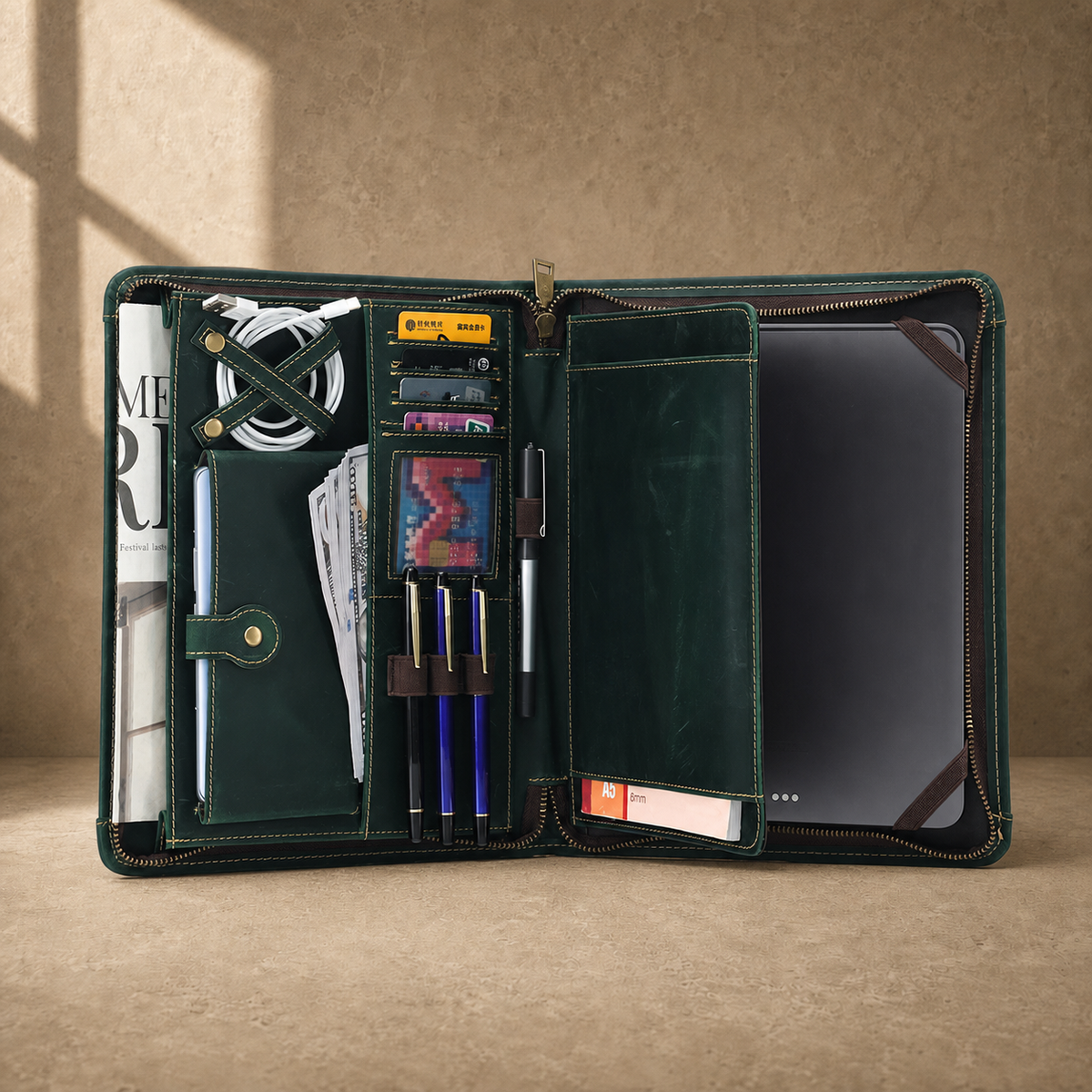 Forest green leather business portfolio packed interior view