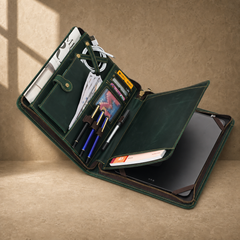 Forest green leather business portfolio angled capacity view