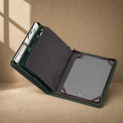 Forest green leather business portfolio open tablet compartment