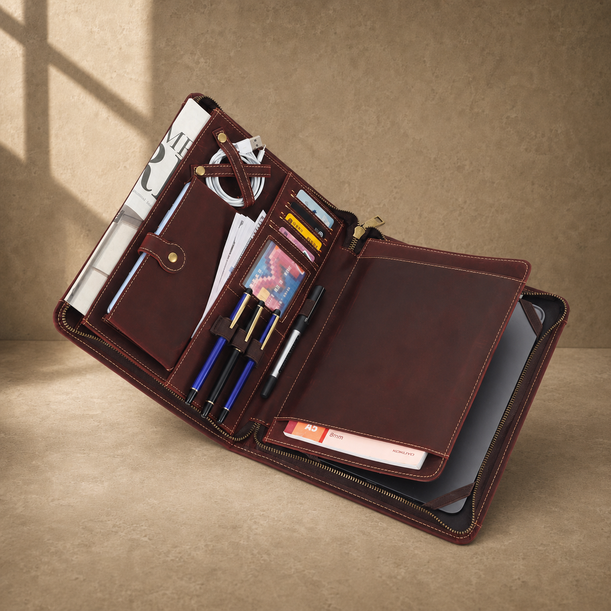 Oxblood leather zip travel portfolio open packed hero view
