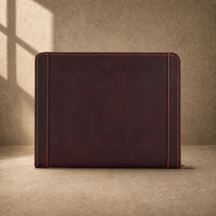 Oxblood leather zip travel portfolio closed rear view