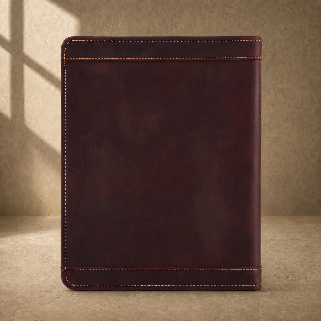 Oxblood leather zip travel portfolio closed back view