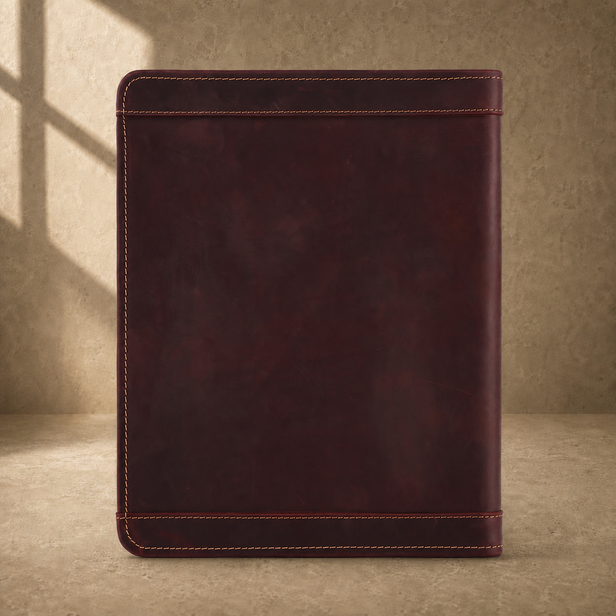 Oxblood leather zip travel portfolio closed back view