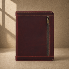 Oxblood leather zip travel portfolio exterior zipper pocket view