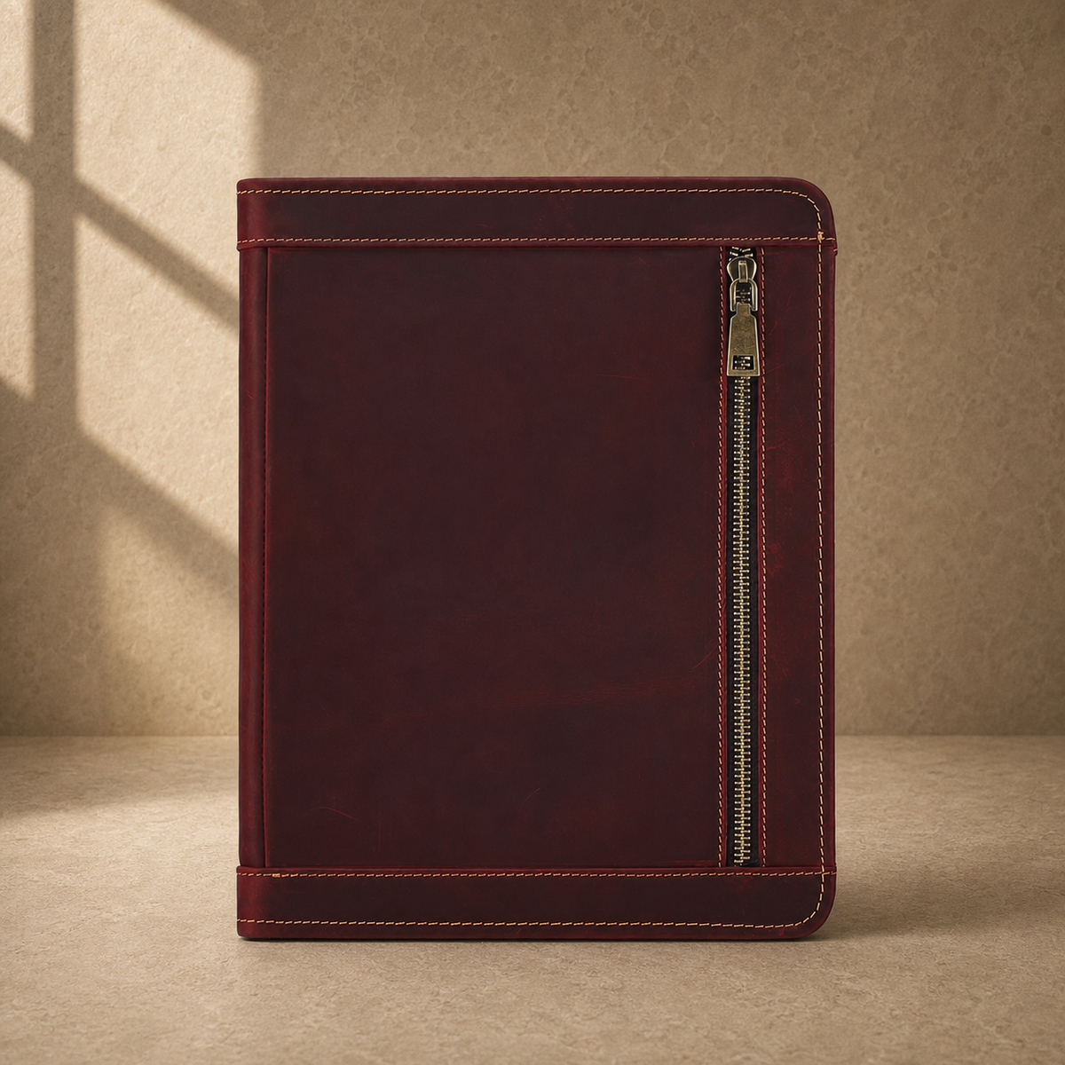 Oxblood leather zip travel portfolio exterior zipper pocket view