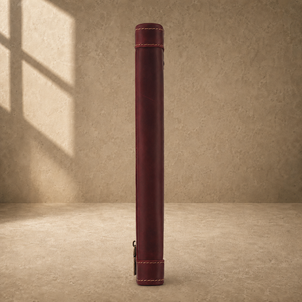 Oxblood leather zip travel portfolio spine view
