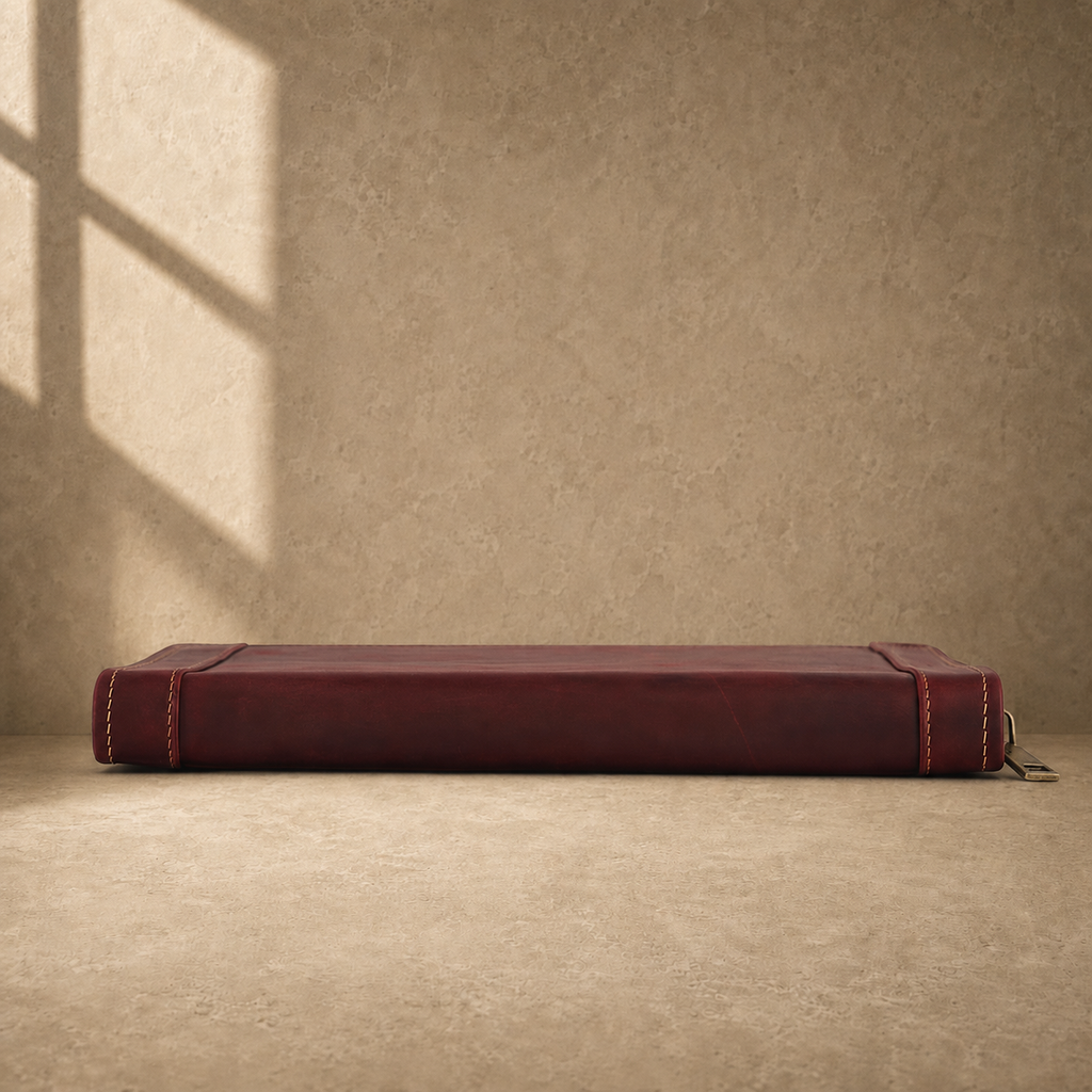 Oxblood leather zip travel portfolio base edge view
