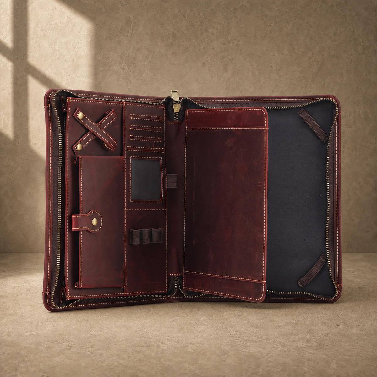 Oxblood leather zip travel portfolio empty interior organizer view