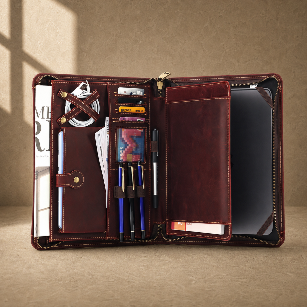 Oxblood leather zip travel portfolio packed interior capacity view