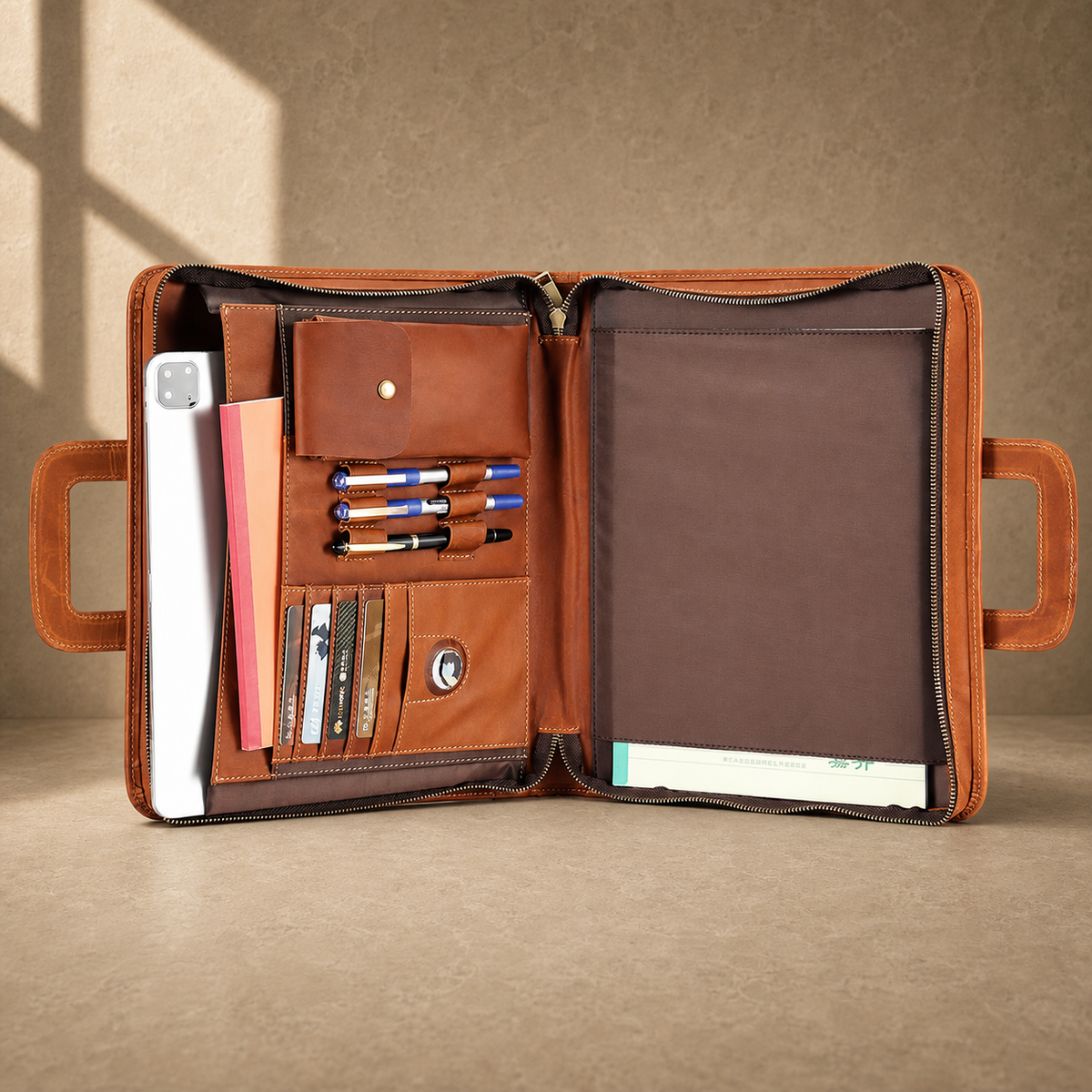 Brown zip office portfolio briefcase packed interior hero view