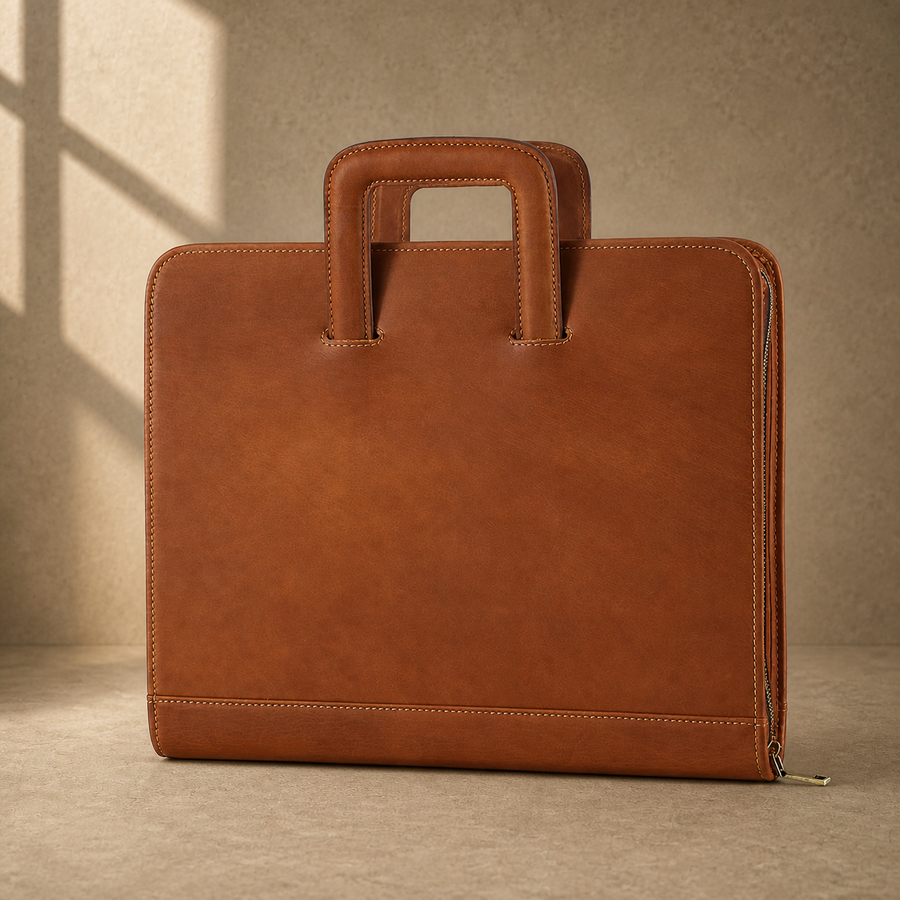Brown zip office portfolio briefcase three-quarter exterior view