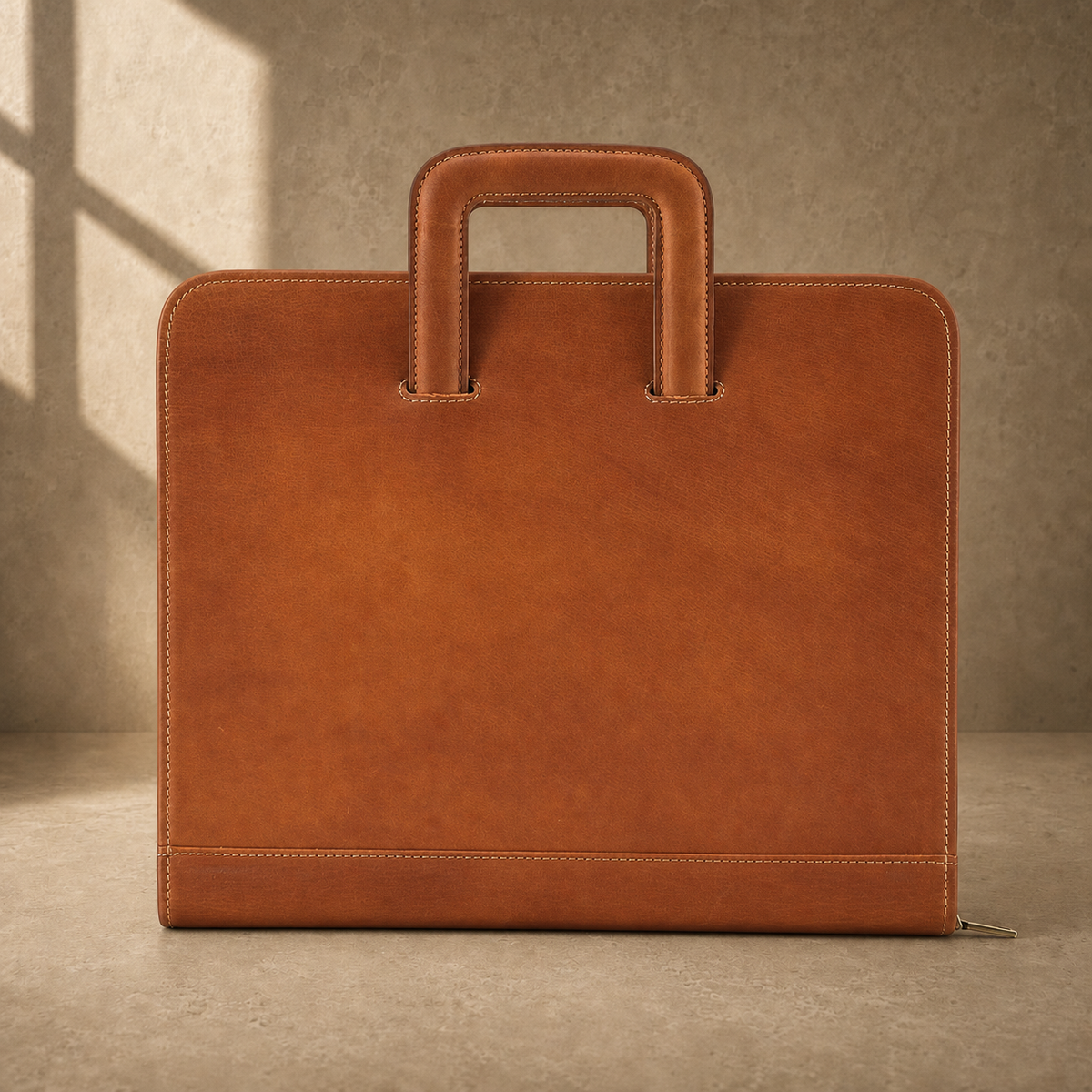 Brown zip office portfolio briefcase front exterior view