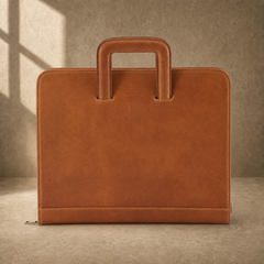 Brown zip office portfolio briefcase reverse exterior view
