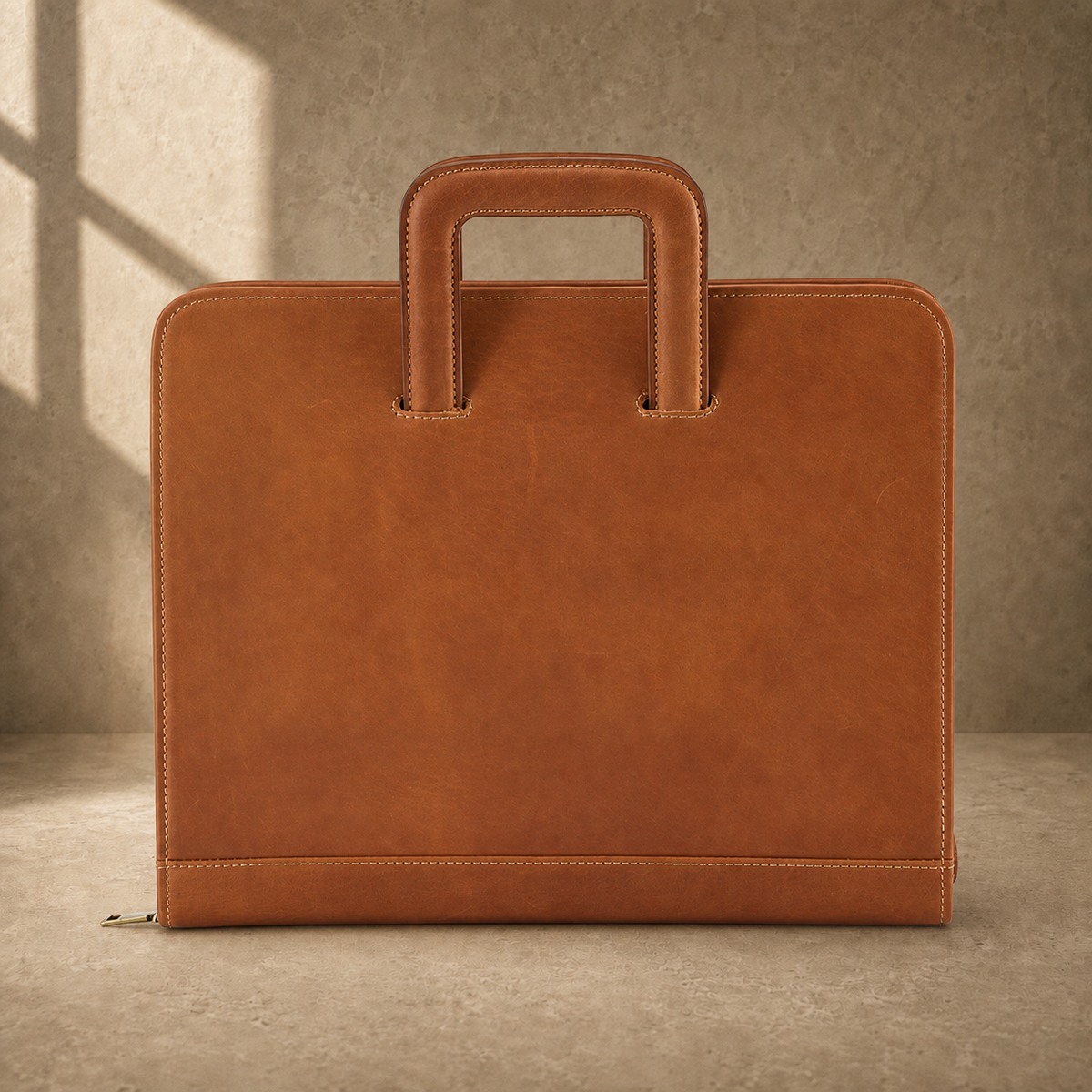 Brown zip office portfolio briefcase reverse exterior view
