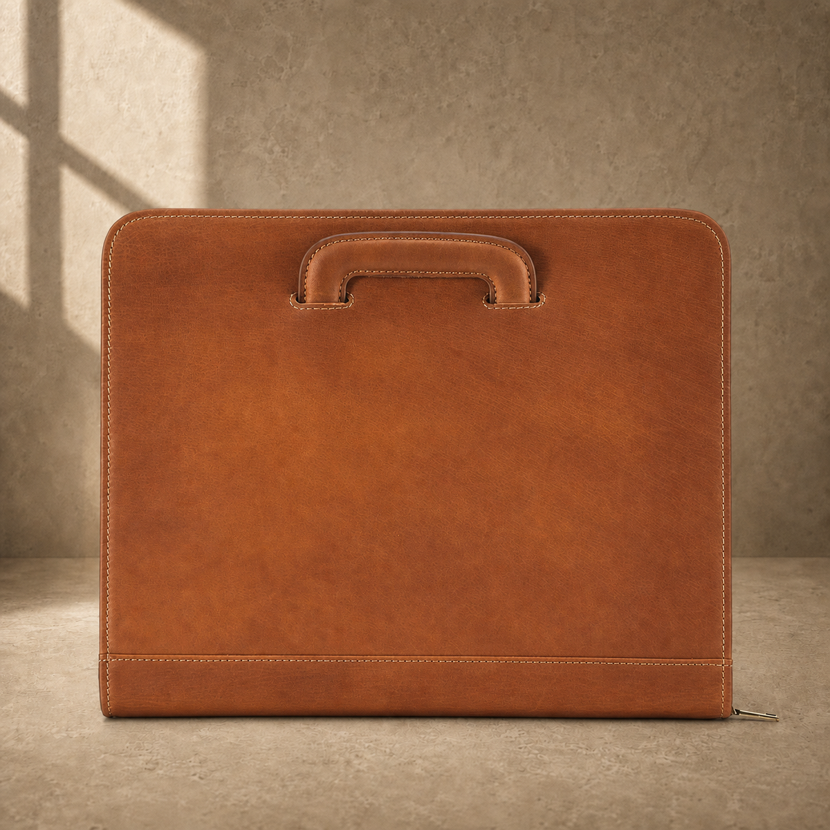 Brown zip office portfolio briefcase retracted handle view