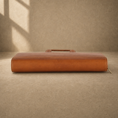 Brown zip office portfolio briefcase base edge view