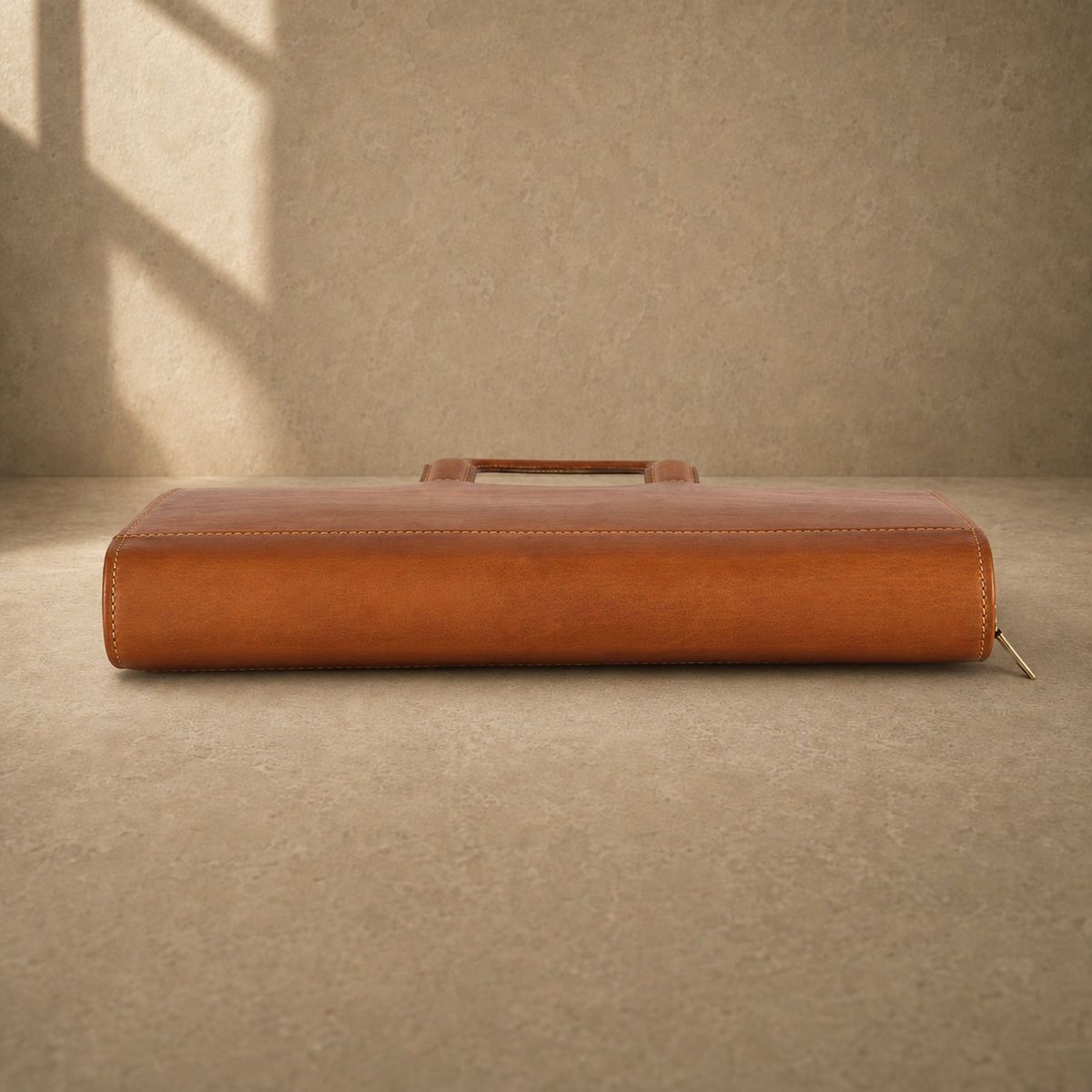 Brown zip office portfolio briefcase base edge view