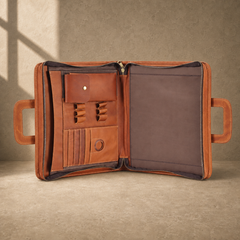 Brown zip office portfolio briefcase empty organizer interior view