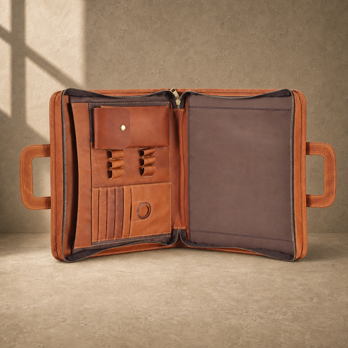 Brown zip office portfolio briefcase empty organizer interior view