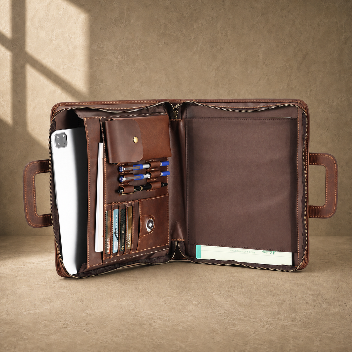 Coffee zip business travel portfolio packed interior hero view