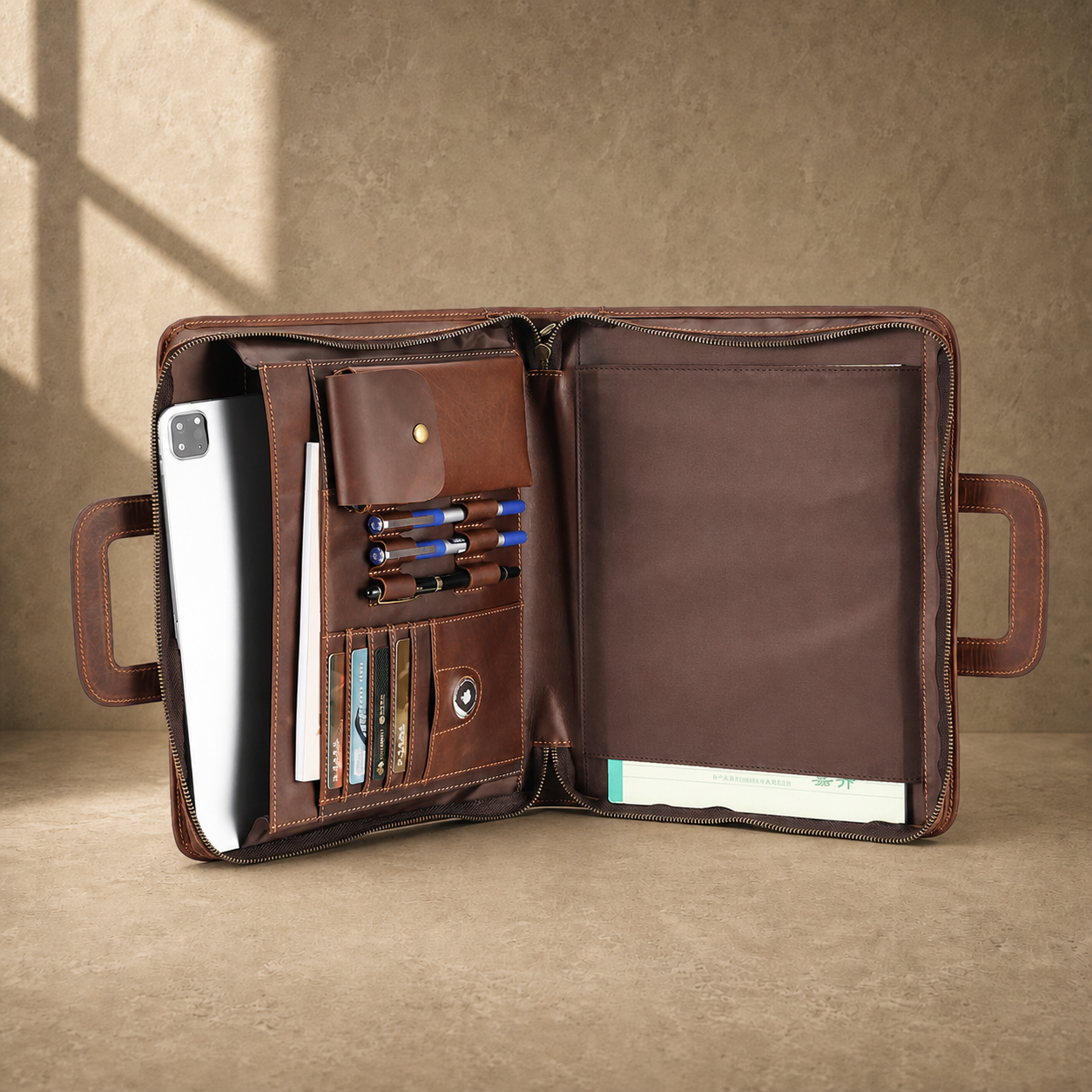 Coffee zip business travel portfolio packed interior hero view