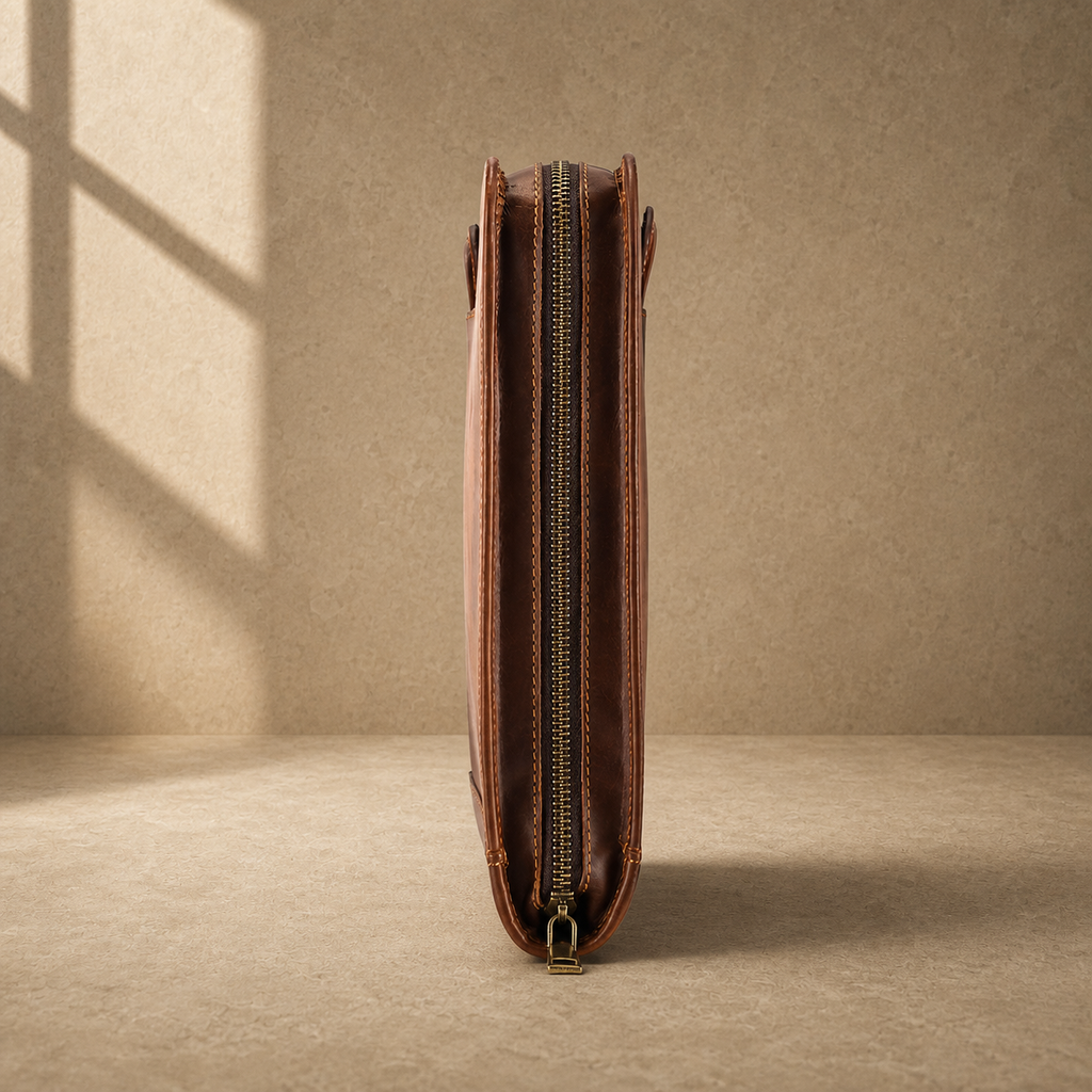 Coffee zip business travel portfolio zipper side profile