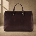 Coffee leather slim laptop briefcase front hero view