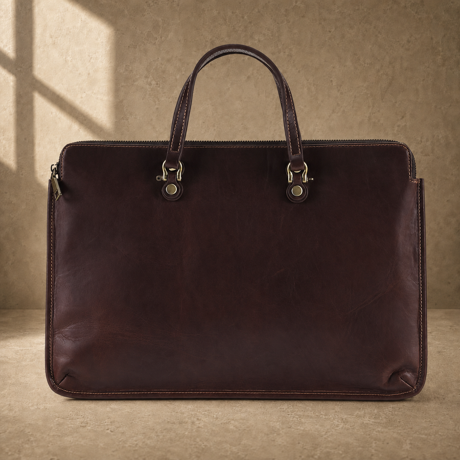 Coffee leather slim laptop briefcase front hero view