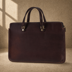 Coffee leather slim laptop briefcase three-quarter front view
