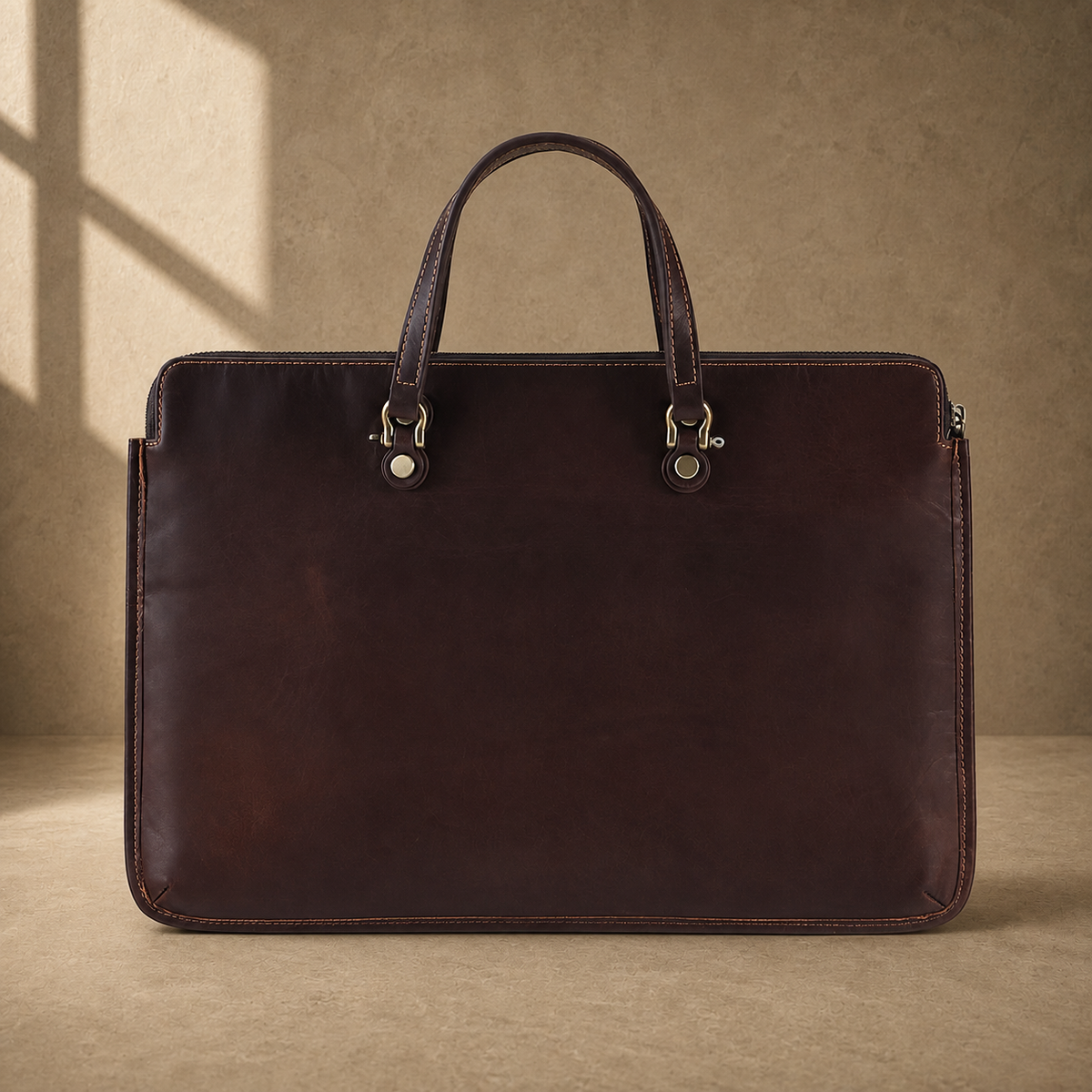 Coffee leather slim laptop briefcase rear view