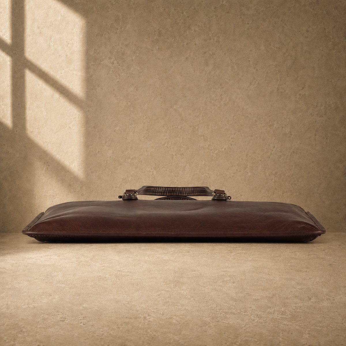 Coffee leather slim laptop briefcase base profile