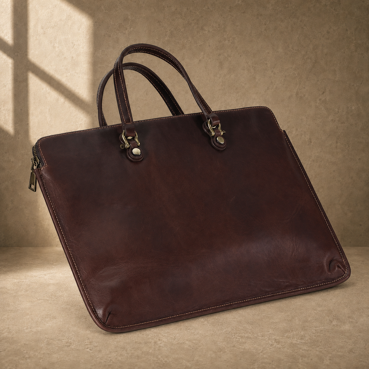 Coffee leather slim laptop briefcase angled exterior view