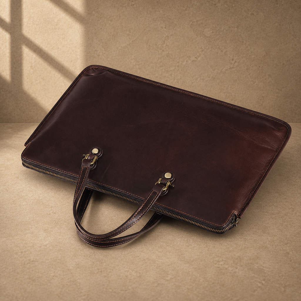 Coffee leather slim laptop briefcase top-down view