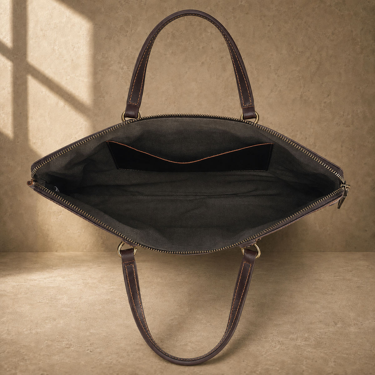 Coffee leather slim laptop briefcase empty interior view