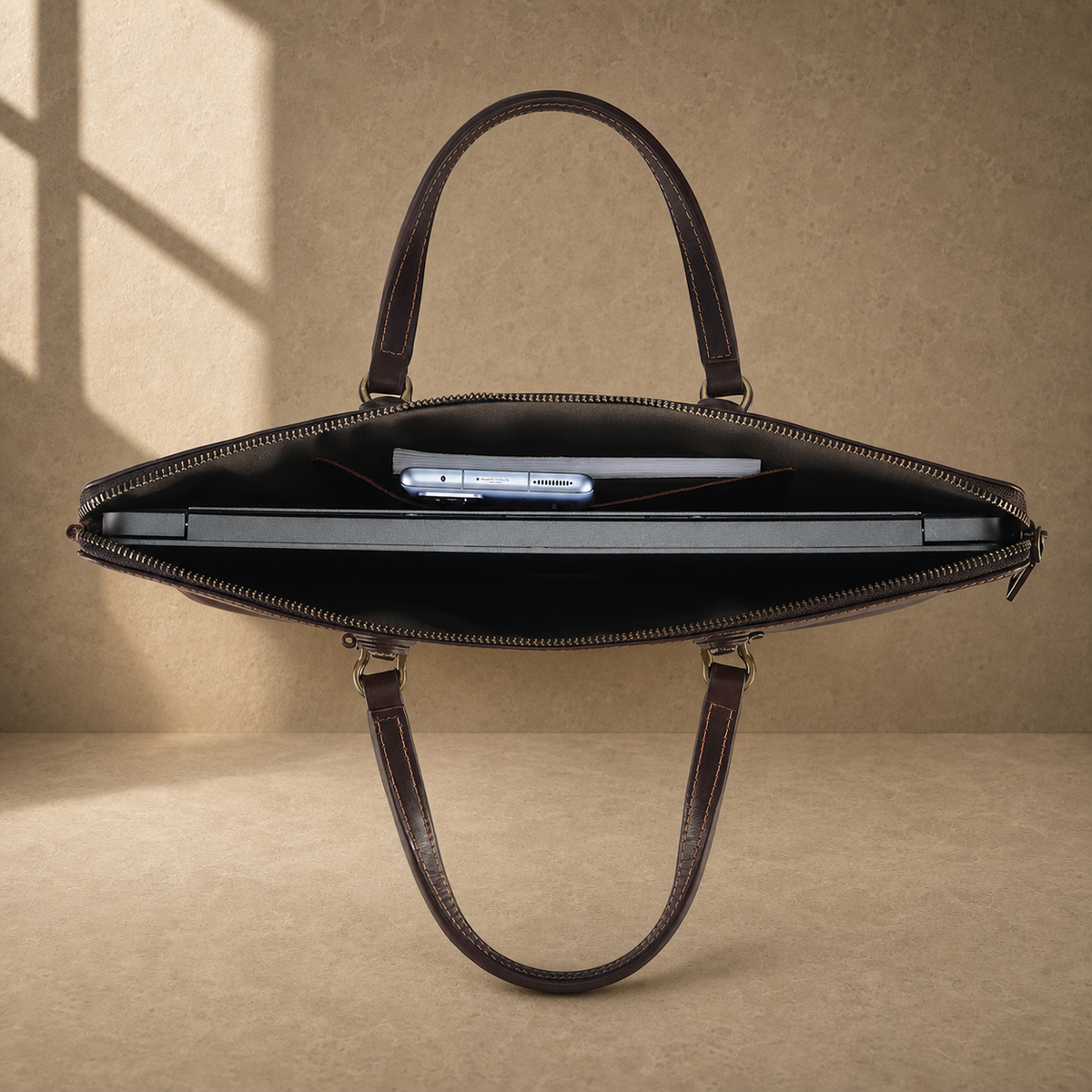 Coffee leather slim laptop briefcase packed capacity view