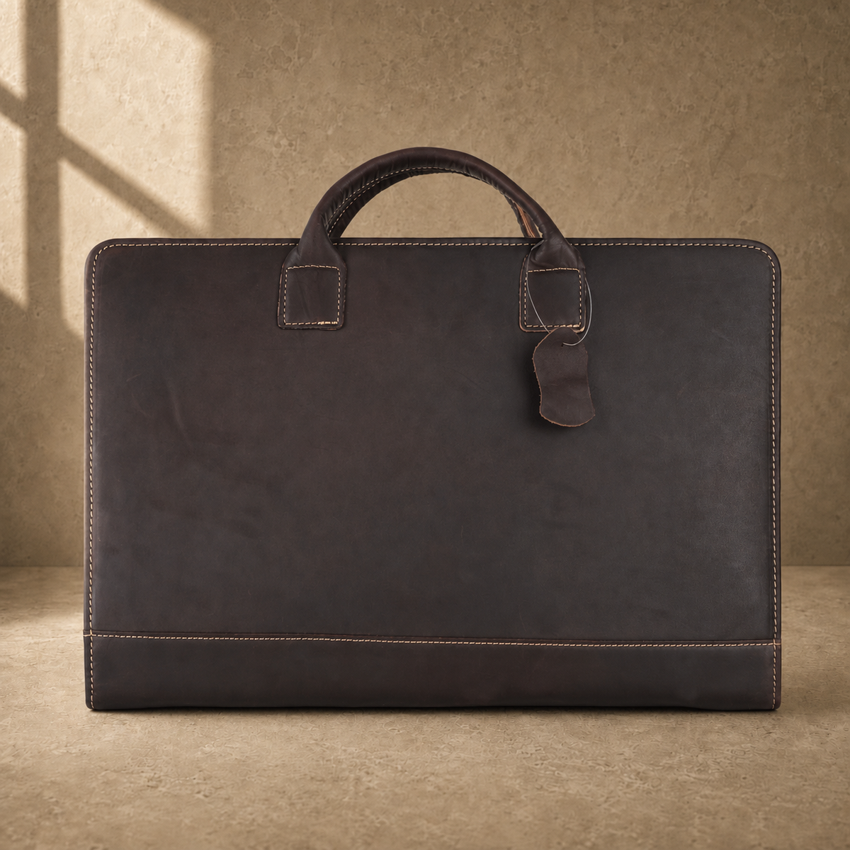 Chocolate cowhide business briefcase front view with leather tag