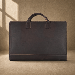 Chocolate cowhide business briefcase clean front exterior view