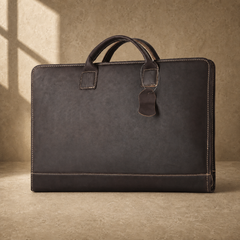 Chocolate cowhide business briefcase three-quarter hero view