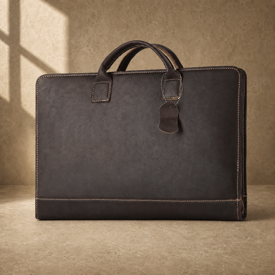 Chocolate cowhide business briefcase three-quarter hero view