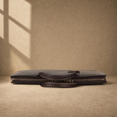 Chocolate cowhide business briefcase top zipper profile
