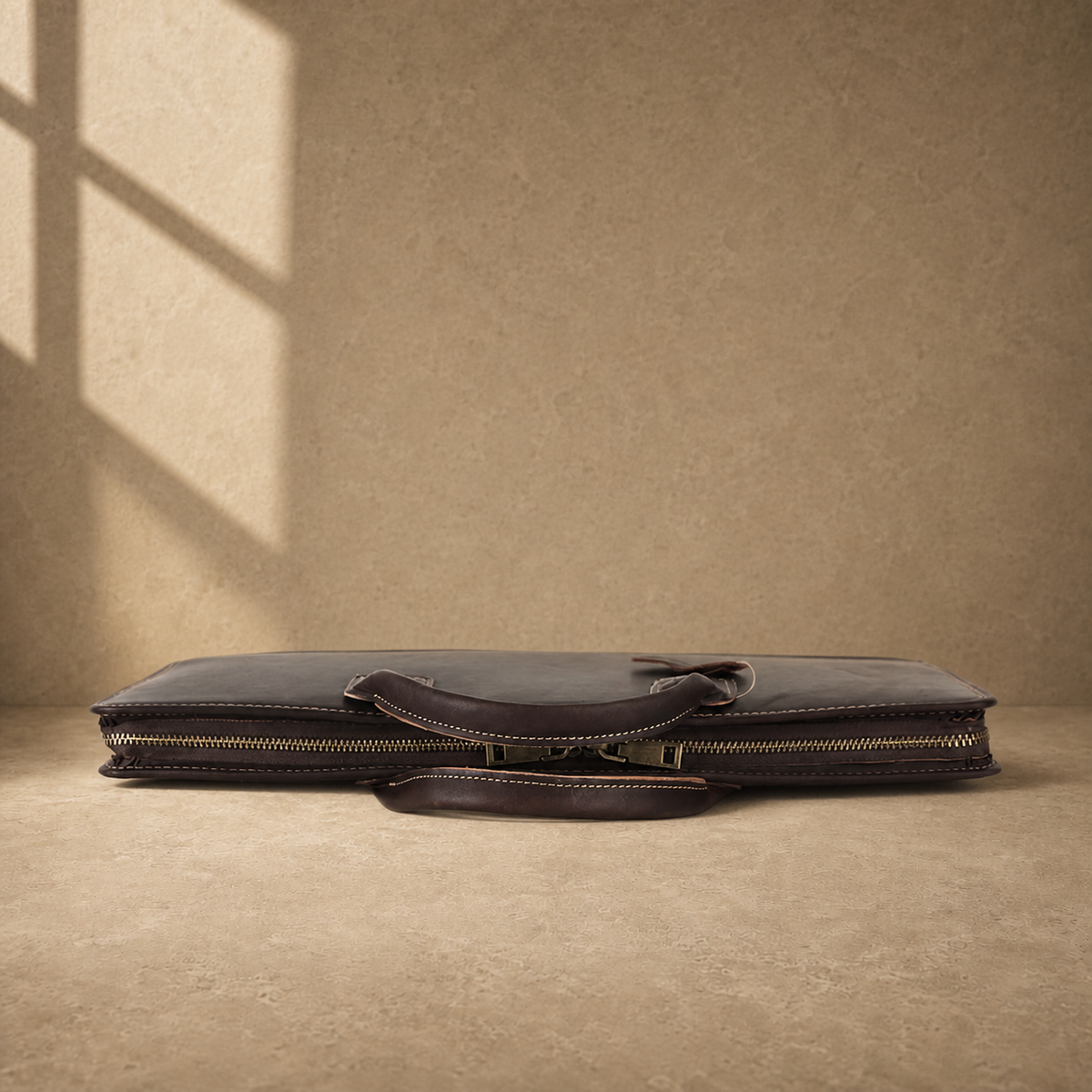 Chocolate cowhide business briefcase top zipper profile
