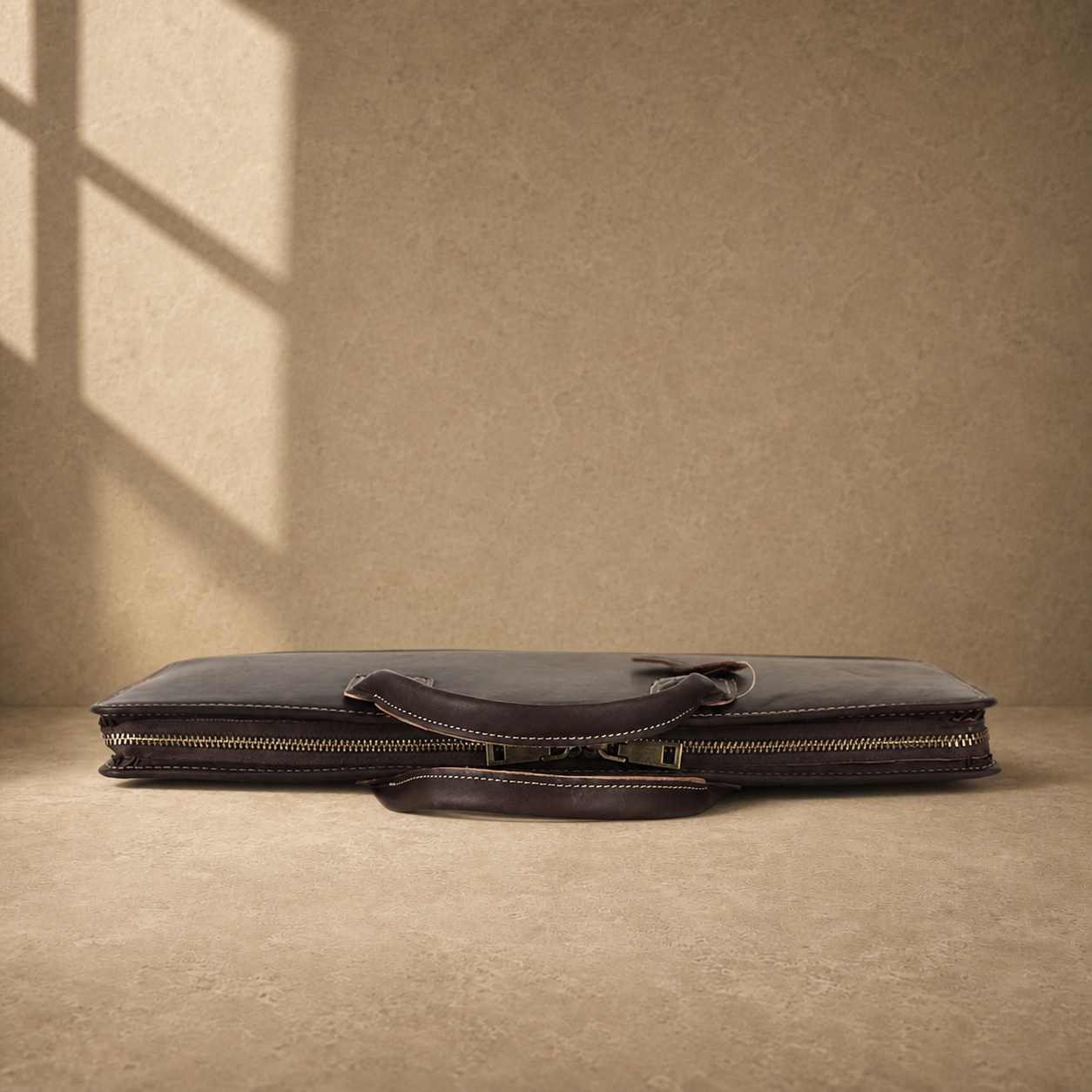 Chocolate cowhide business briefcase top zipper profile