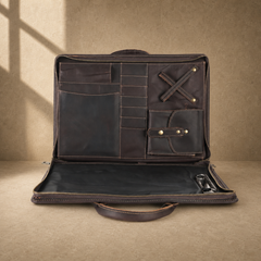Chocolate cowhide business briefcase empty organizer interior