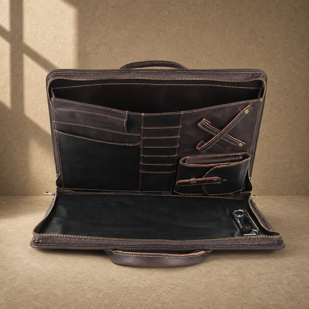 Chocolate cowhide business briefcase open compartment view