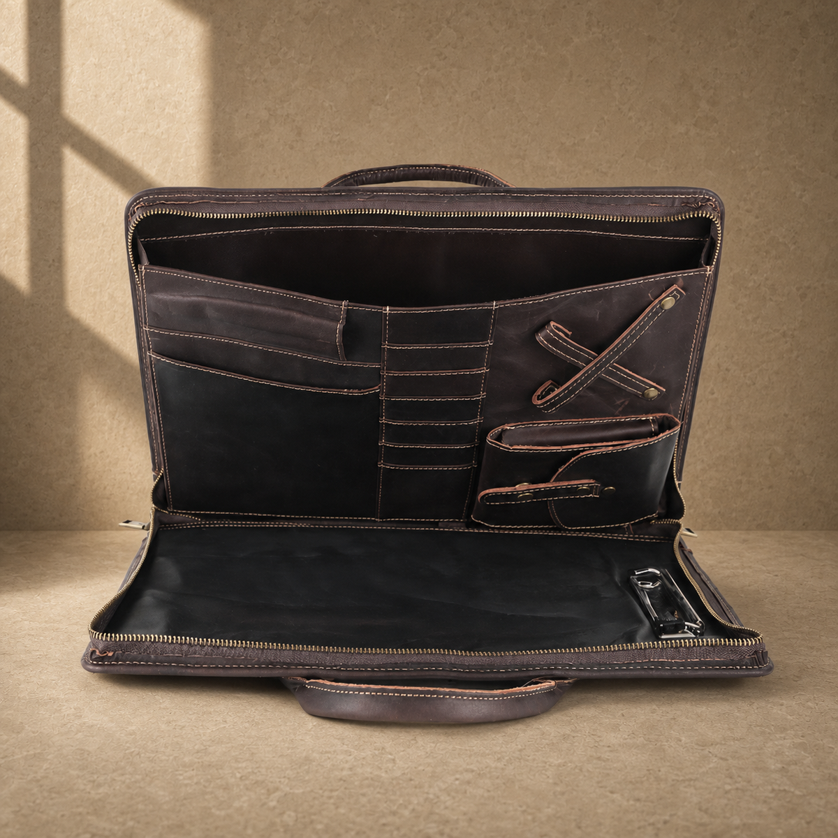 Chocolate cowhide business briefcase open compartment view