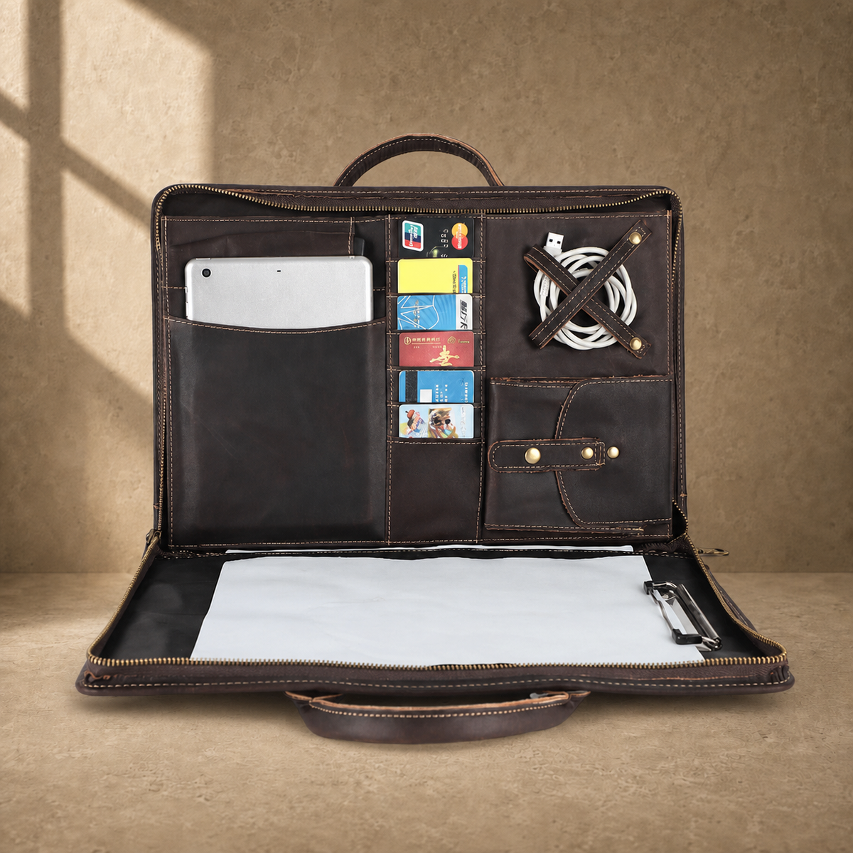 Chocolate cowhide business briefcase packed tablet and card storage