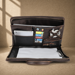 Chocolate cowhide business briefcase packed laptop organizer view